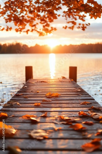 Autumn sunset view from wooden dock by serene lake with fallen leaves