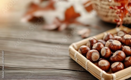 Freshly harvested hazelnuts on a textured wooden table with autumn leaves in ...