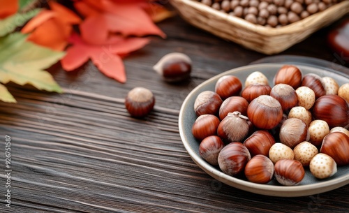 Freshly harvested hazelnuts on a textured wooden table with autumn leaves in ...