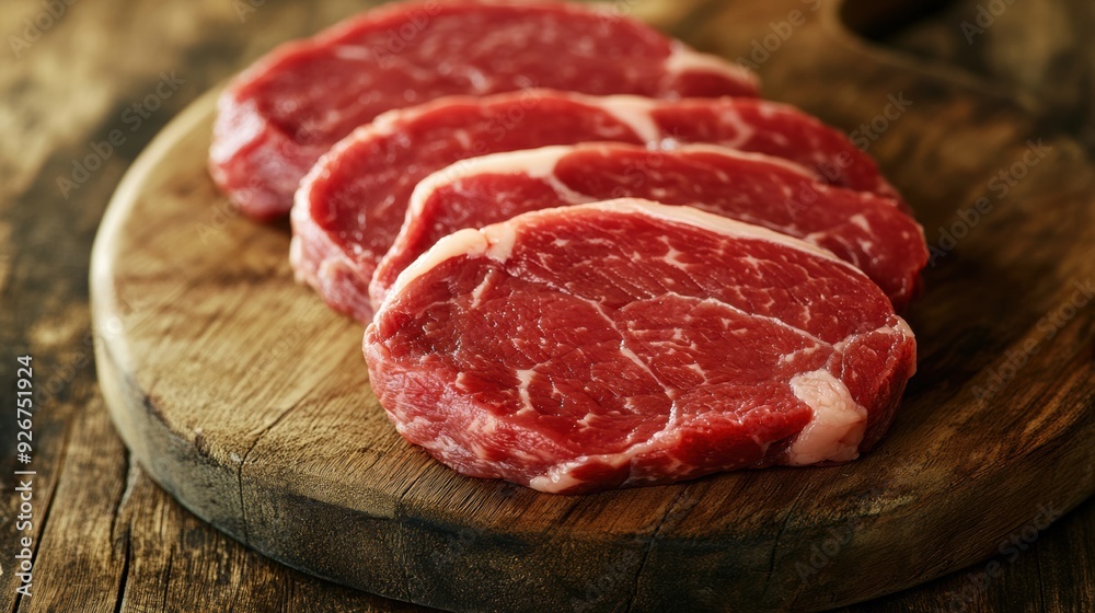 A close up of a cutting board with four raw steaks, AI A close up of a cutting board with four raw steaks, AI