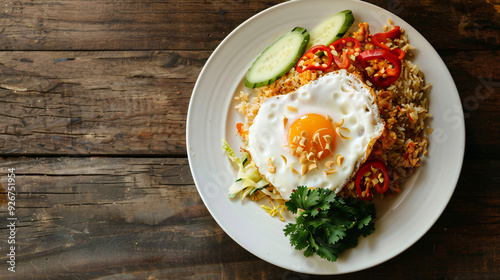 Indonesian nasi goreng with sunny side up egg, peanuts, and vegetables on a white plate