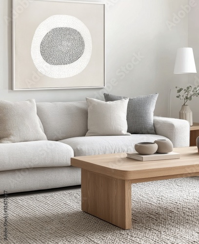 Modern living room with neutral decor and minimalist design in a bright setting