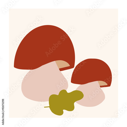 Two stylized mushrooms with a leaf on a light background