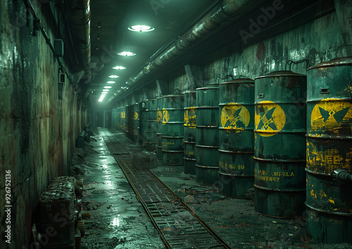 Toxic waste storage. Industrial tunnel with radioactive barrels