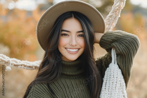 Young woman in a brown sweater and hat poses cheerfully in an autumn park set...