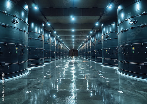 Toxic waste storage. Industrial tunnel with radioactive barrels