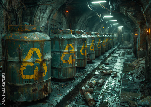 Toxic waste storage. Industrial tunnel with radioactive barrels