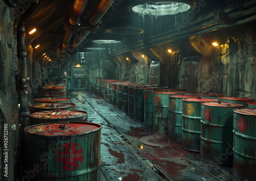 Toxic waste storage. Industrial tunnel with radioactive barrels