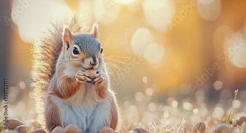 Squirrel eating nuts in a park during autumn with colorful blurred background