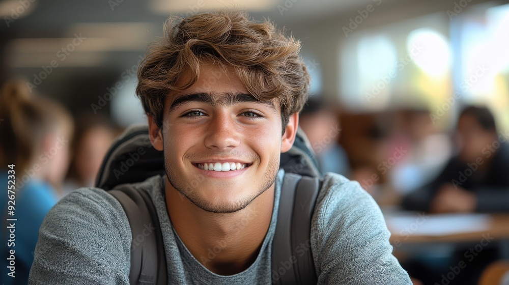 A handsome young male student smiling confidently in a high school classroom, with a blurred background of classmates and a bright academic environment. A handsome young male student smiling confidently in a high school classroom, with a blurred background of classmates and a bright academic environment.