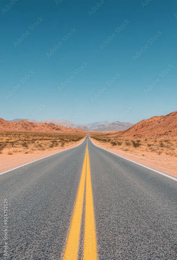 Long stretch of highway leading towards mountains under a clear blue sky Long stretch of highway leading towards mountains under a clear blue sky