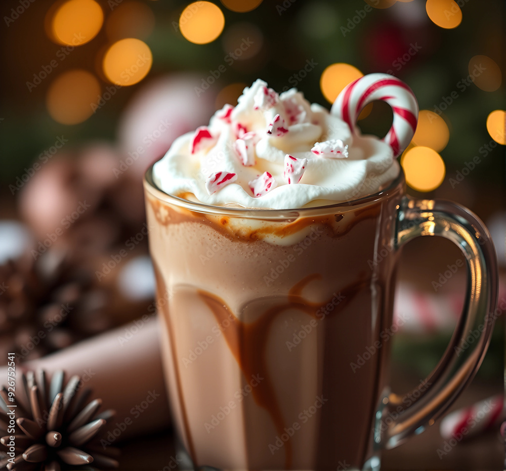 a glass mug of peppermint mocha topped with whipped cream and crushed peppermint candy a glass mug of peppermint mocha topped with whipped cream and crushed peppermint candy