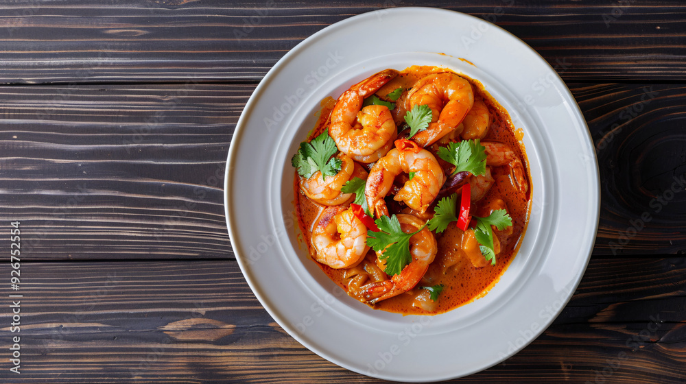 Delicious shrimp and red curry with coriander and chili on a dark wooden table