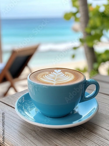 Enjoying a latte with intricate art at a beachside cafe on a sunny day