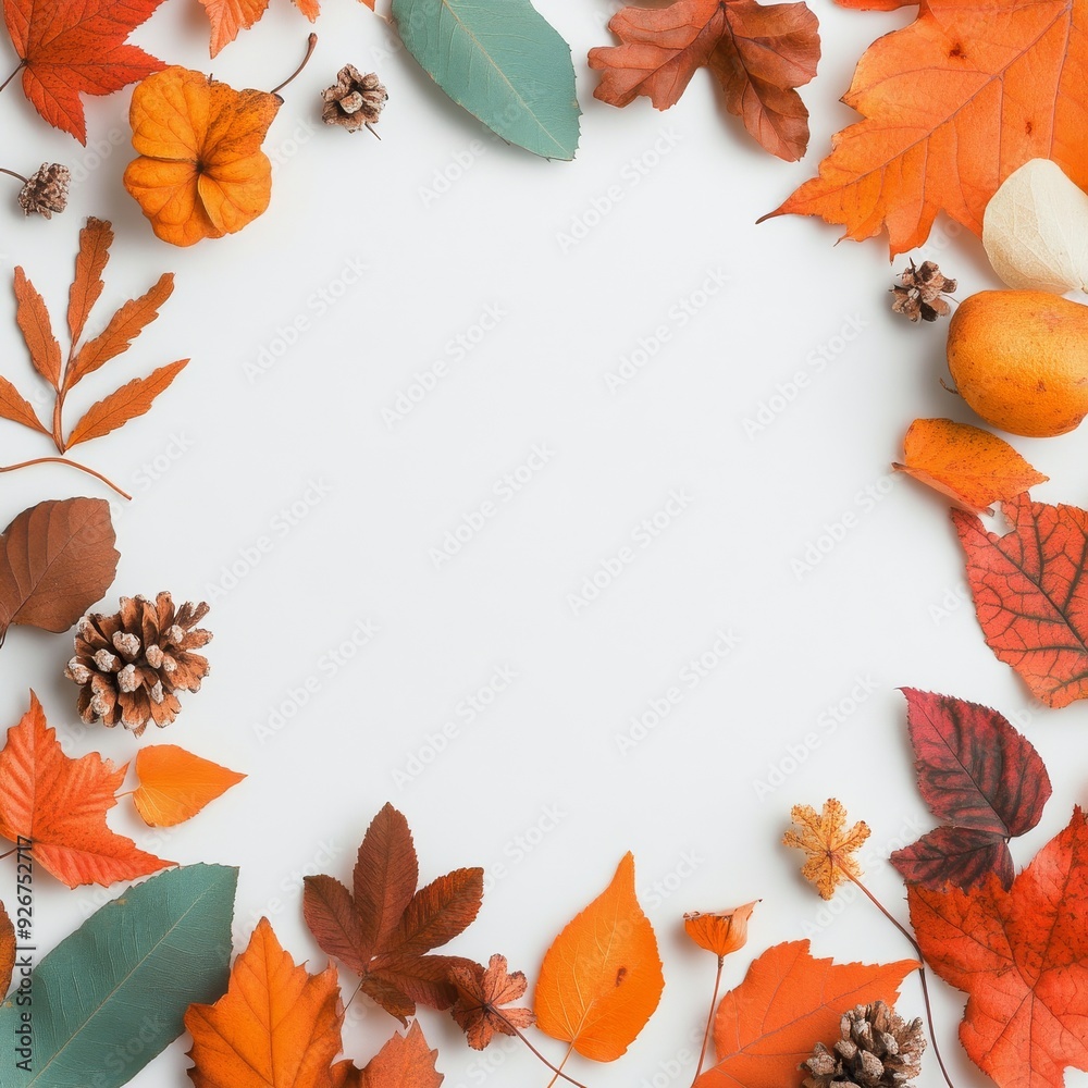 Obraz premium Autumn leaves arranged in a circular pattern on a white background