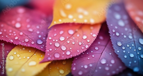 Colorful autumn leaves with raindrops on a blurred background in soft lighting