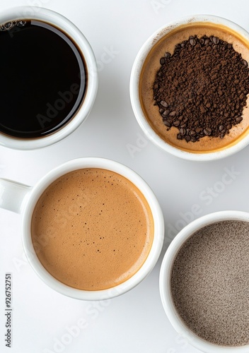 Three cups of coffee with roasted beans on a white background