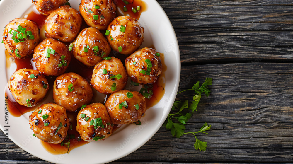 Quail eggs fried and glazed in sweet-sour sauce, served on white plate on wooden table with chives. Healthy protein snack for lunch or dinner Quail eggs fried and glazed in sweet-sour sauce, served on white plate on wooden table with chives. Healthy protein snack for lunch or dinner