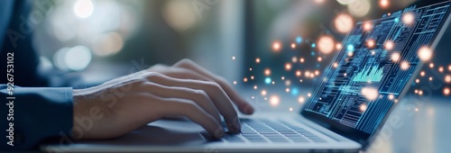 Person typing on a laptop while data visuals appear in a modern workspace