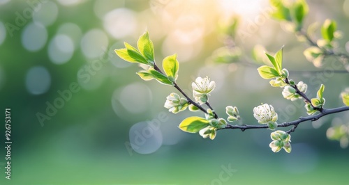 Fresh spring buds on a green branch with soft bokeh background