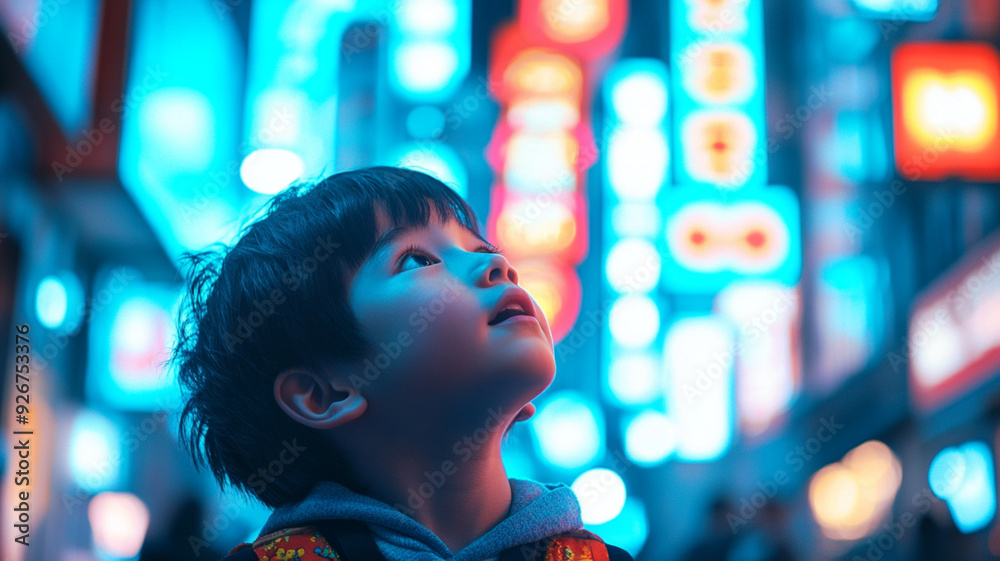 a young Japanese boy looking up at neon lights in the heart of Tokyo, looking amazed a young Japanese boy looking up at neon lights in the heart of Tokyo, looking amazed