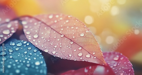 Colorful autumn leaves with raindrops on a blurred background in soft lighting
