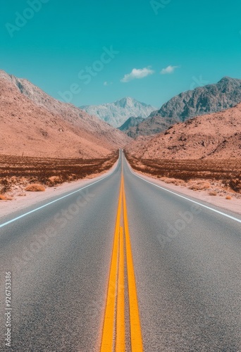 Open highway stretches toward snow-capped mountains under a clear blue sky