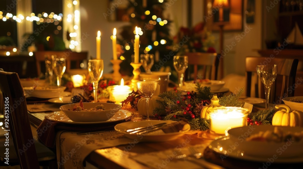 A beautifully set dinner table with candles and festive decor. A beautifully set dinner table with candles and festive decor.