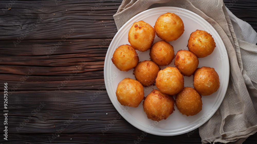 White plate full of golden brown fried doughnuts is sitting on a rustic wooden table with a beige napkin White plate full of golden brown fried doughnuts is sitting on a rustic wooden table with a beige napkin
