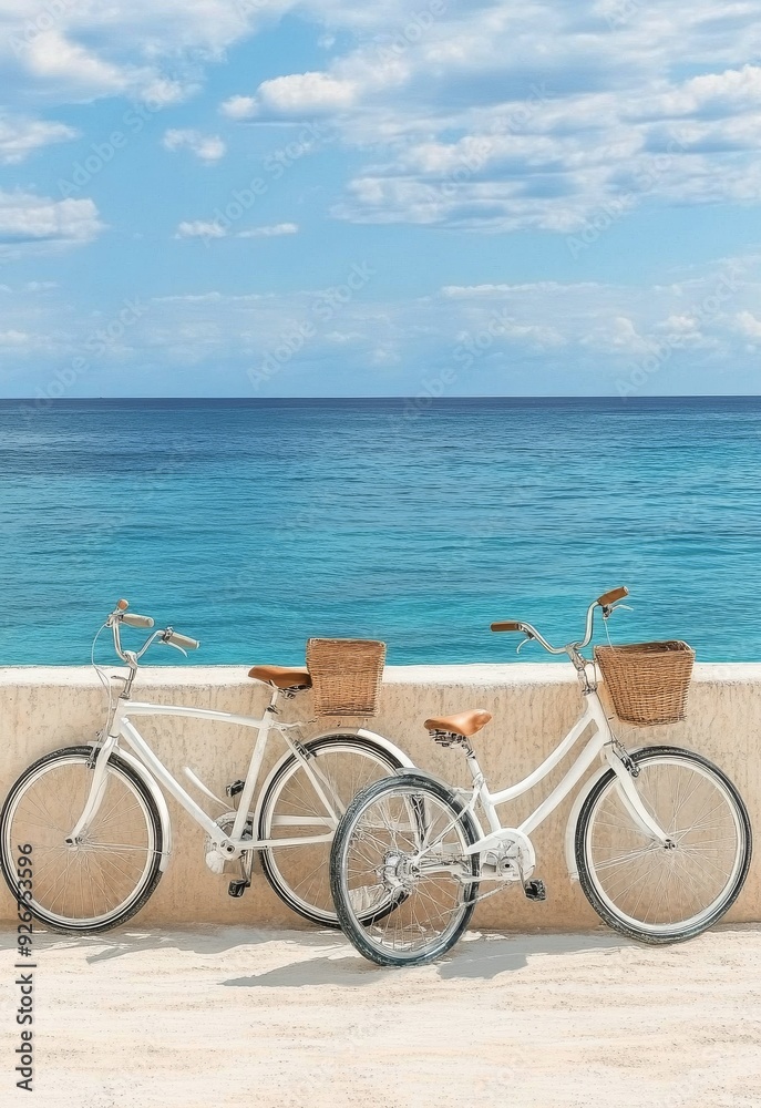 Fototapeta premium Two vintage bicycles with baskets leaning against a textured peach wall