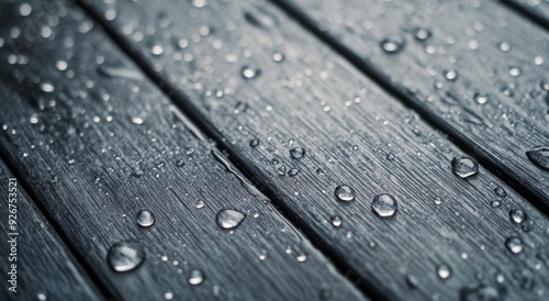 Water droplets on textured wooden surface after rain
