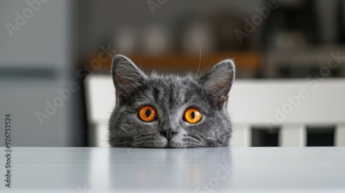 Curious gray cat peeking over a table with big orange eyes.