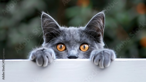 Cute gray cat peeking over a white surface with big, curious eyes.