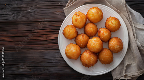 Wallpaper Mural White plate full of golden brown fried doughnuts is sitting on a rustic wooden table with a beige napkin Torontodigital.ca
