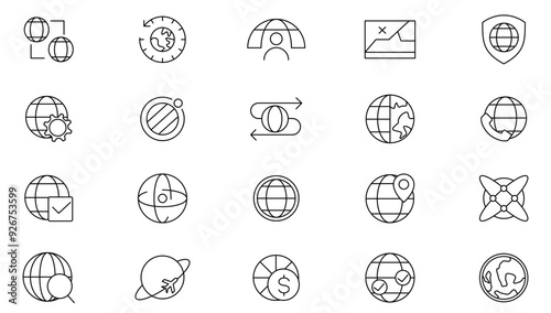 Website and global line icon collection. World Map, connections, global, business, network, navigation and globe icon set. UI outline icon pack
