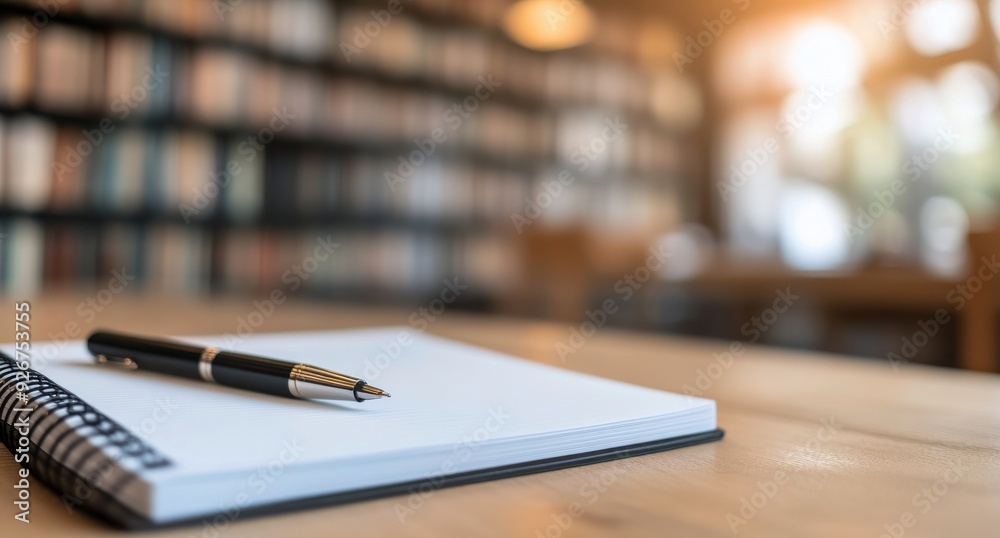 A pen resting on a blank notebook in a cozy library during the afternoon A pen resting on a blank notebook in a cozy library during the afternoon