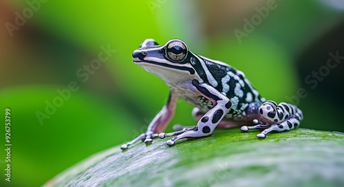 Green and black frog perched on a rock in a lush forest during daytime