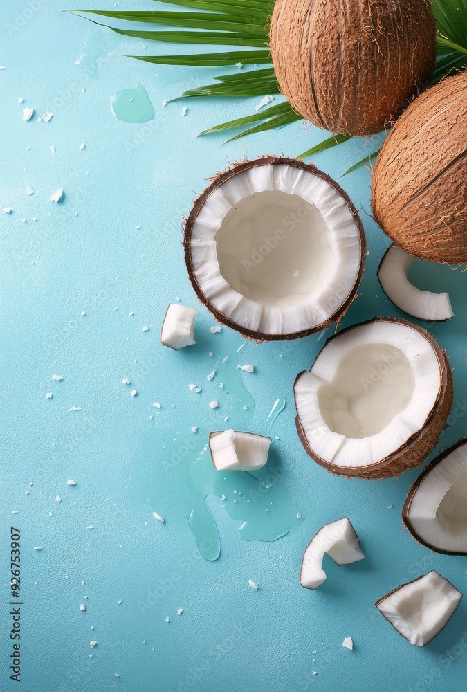 Fresh coconut halves and whole coconuts surrounded by palm leaves on blue background Fresh coconut halves and whole coconuts surrounded by palm leaves on blue background