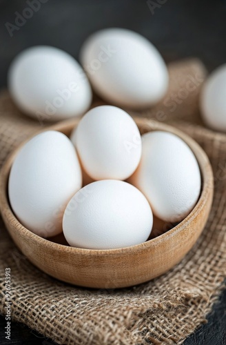 Fresh white eggs in a rustic bowl on burlap fabric