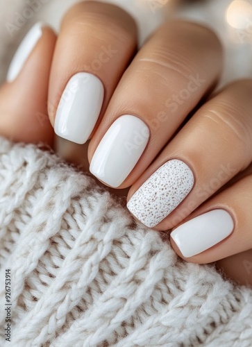 Elegant white manicure with glitter accent on a cozy sweater background