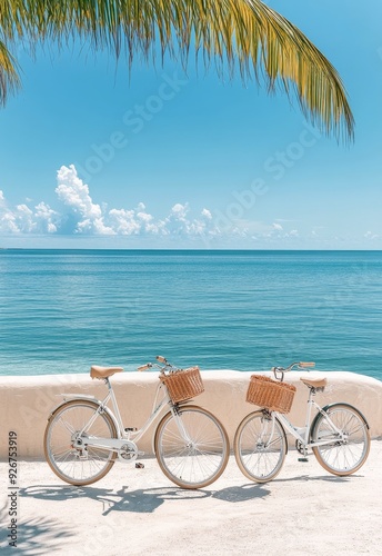 Two vintage bicycles with baskets leaning against a textured peach wall