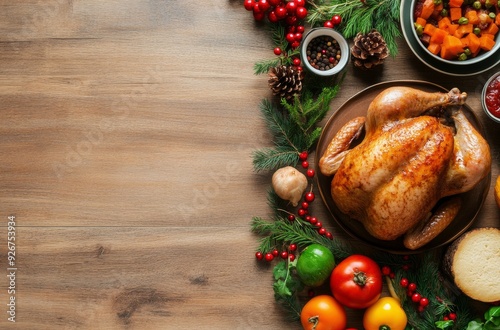 Thanksgiving turkey served with side dishes on a wooden table decorated for t...
