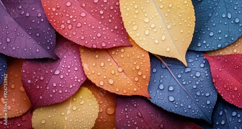 Colorful wet leaves with raindrops in vibrant hues during a rainy day