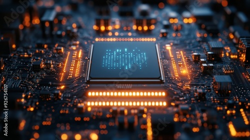 AI artificial intelligence CPU processor with glowing blue and orange lights, circuit board close-up technology concept, futuristic digital chip design. photo