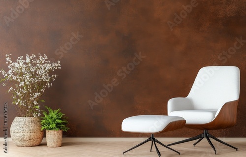 Cozy modern lounge corner with brown walls, a chair, and potted plants