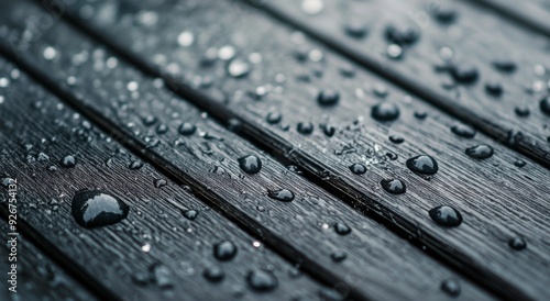 Water droplets on textured wooden surface after rain