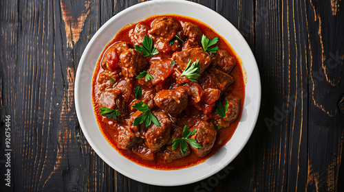 Aromatic beef stew simmering with herbs and spices in a white bowl on a rustic wooden table