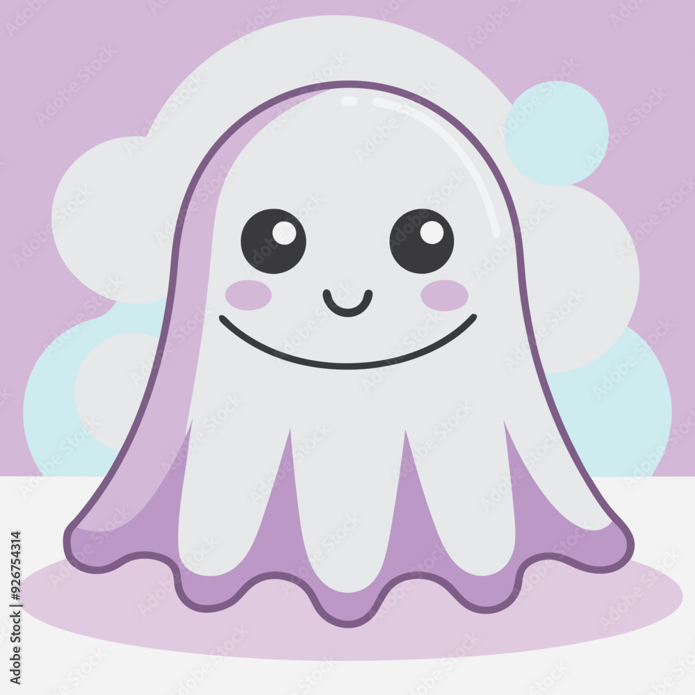 Fototapeta premium Cute smiling ghost icon with pastel colors and soft shapes, cartoon design