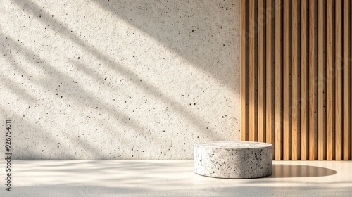 Modern minimalist interior with concrete seating and wooden wall slats in day...