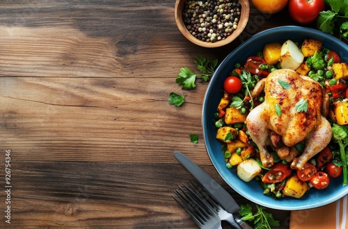 Grilled chicken breast atop a fresh vegetable salad on a wooden table